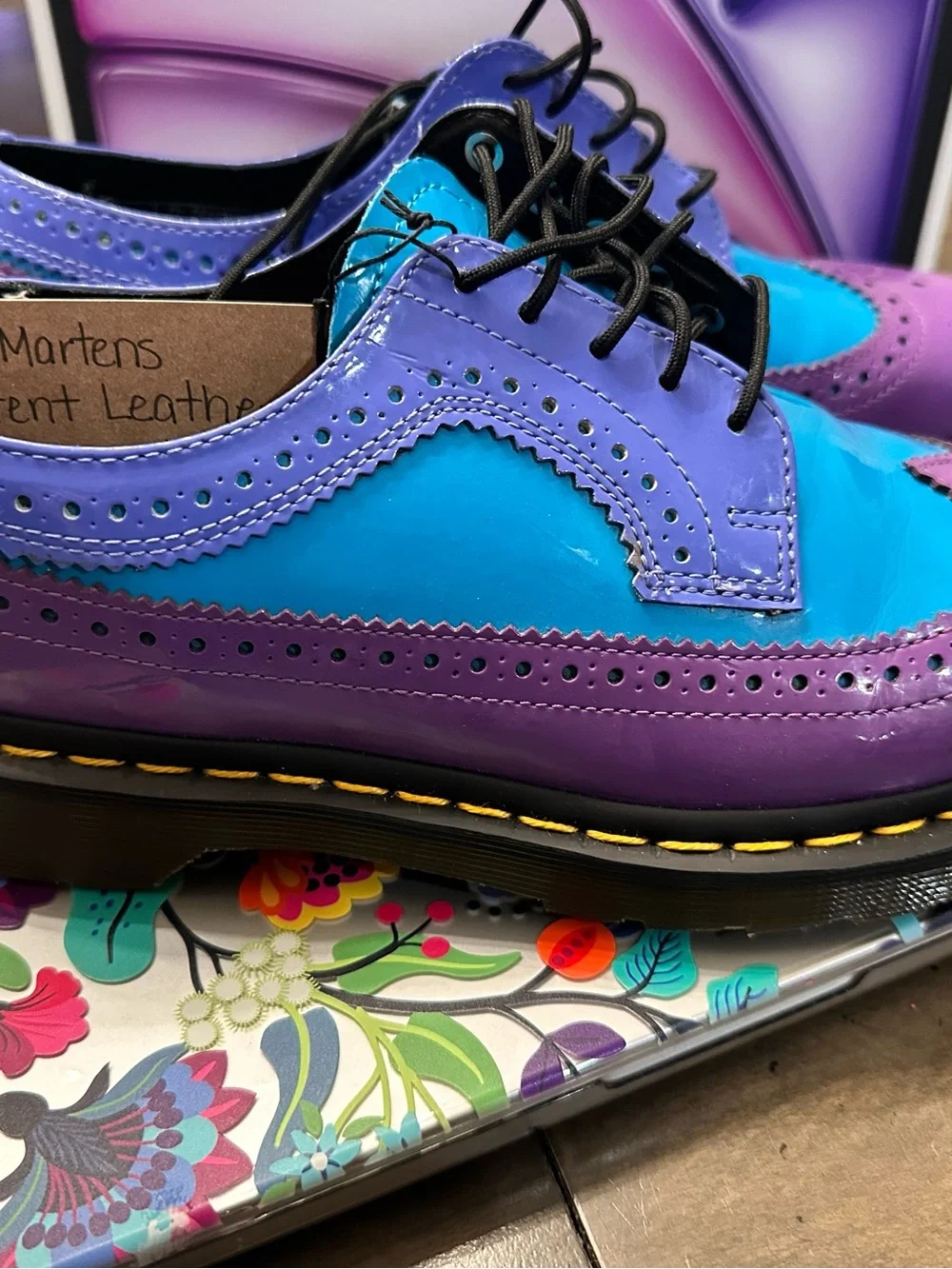 Rare Dr Martens 3989 Brogue Shoes Purple Blue Patent Leather Women US 9 UK 7 - Picture 4 of 13